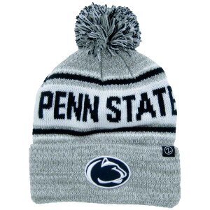 heather gray knit hat with pom, stitched Penn State, and embroidered Athletic Logo